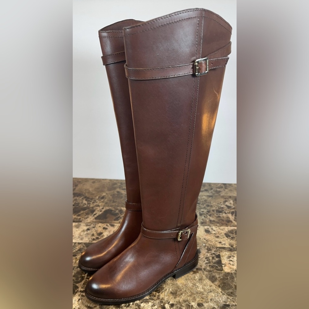 Antonio Melani Brown Leather Riding Boots Gold Buckle